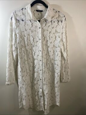 Splash White Lace Long Sleeve Mini Dress Shirt